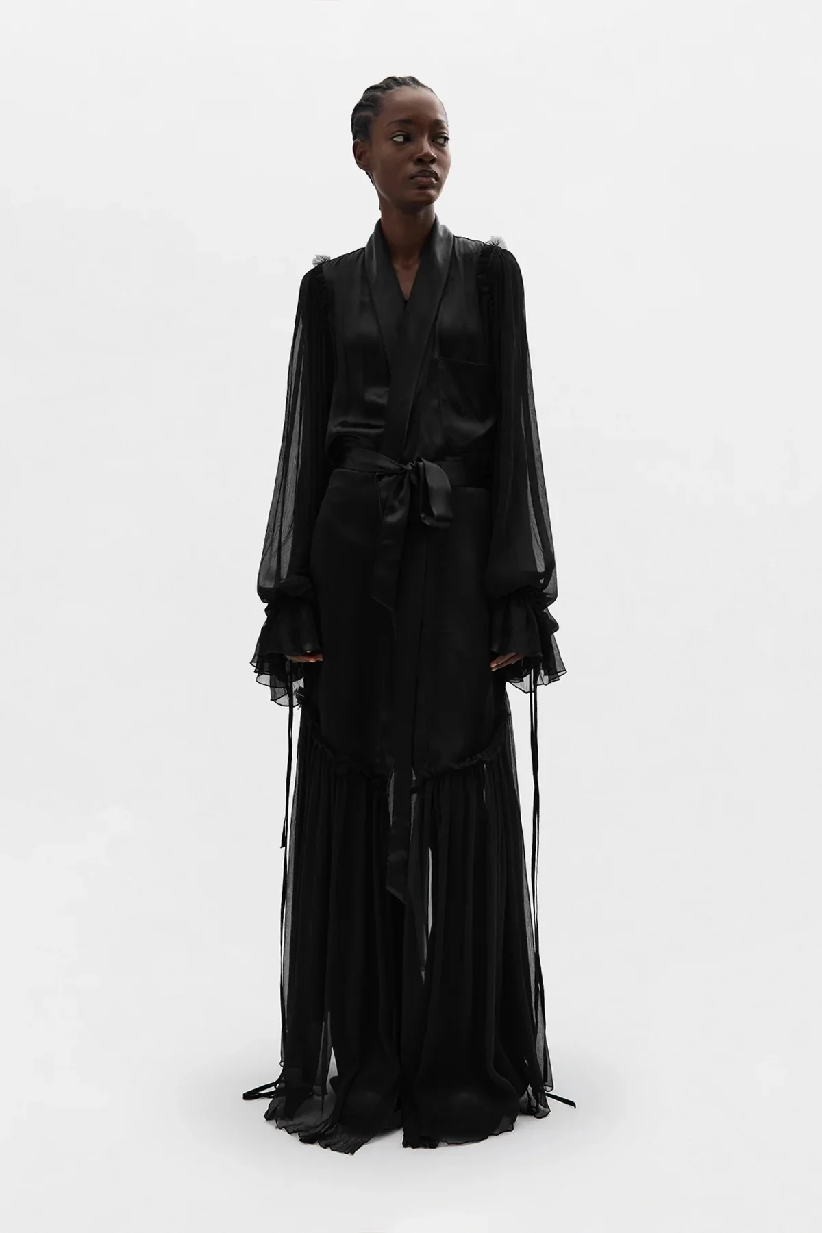 IRIA FLUID ROBE WITH SILK VOILE CREPONNE RUFFLE CONTRAST BLACK - Image 2