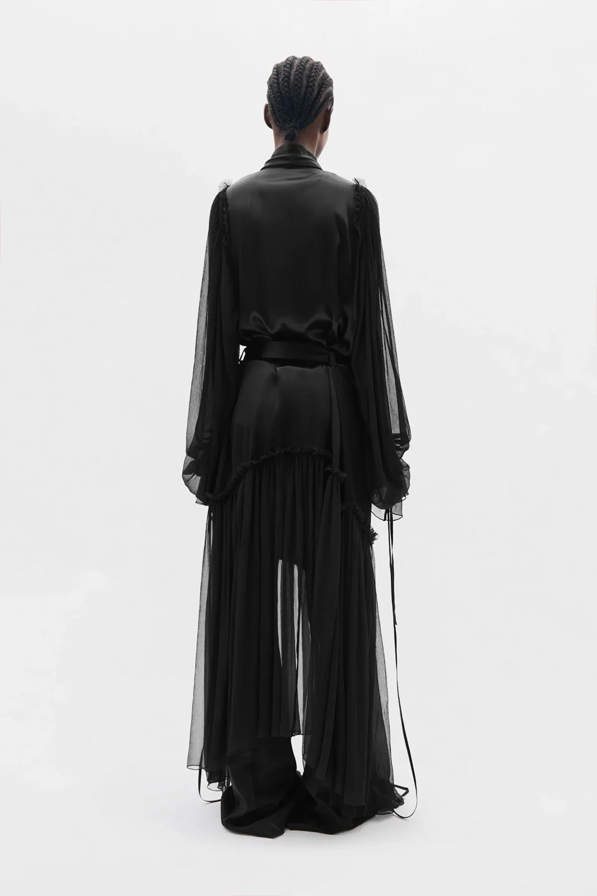 IRIA FLUID ROBE WITH SILK VOILE CREPONNE RUFFLE CONTRAST BLACK - Image 5