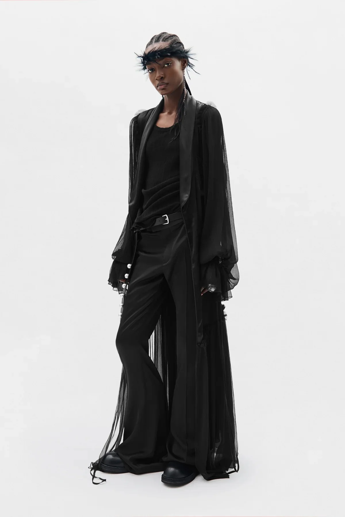 IRIA FLUID ROBE WITH SILK VOILE CREPONNE RUFFLE CONTRAST BLACK - Image 6