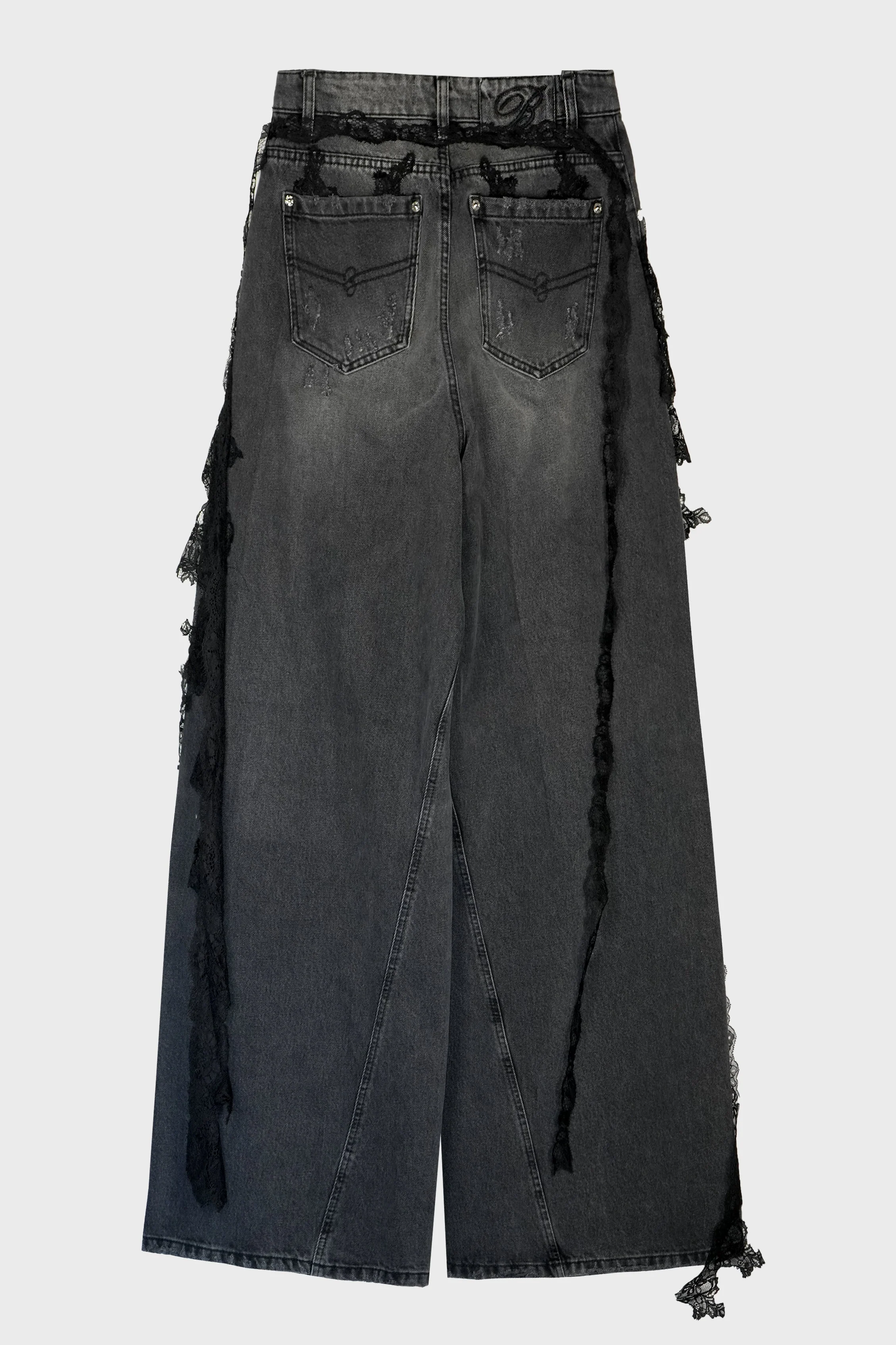 DESTROYED EXTRA BAGGY JEANS WITH LACE TRIM GREY GUNMETAL - Image 3