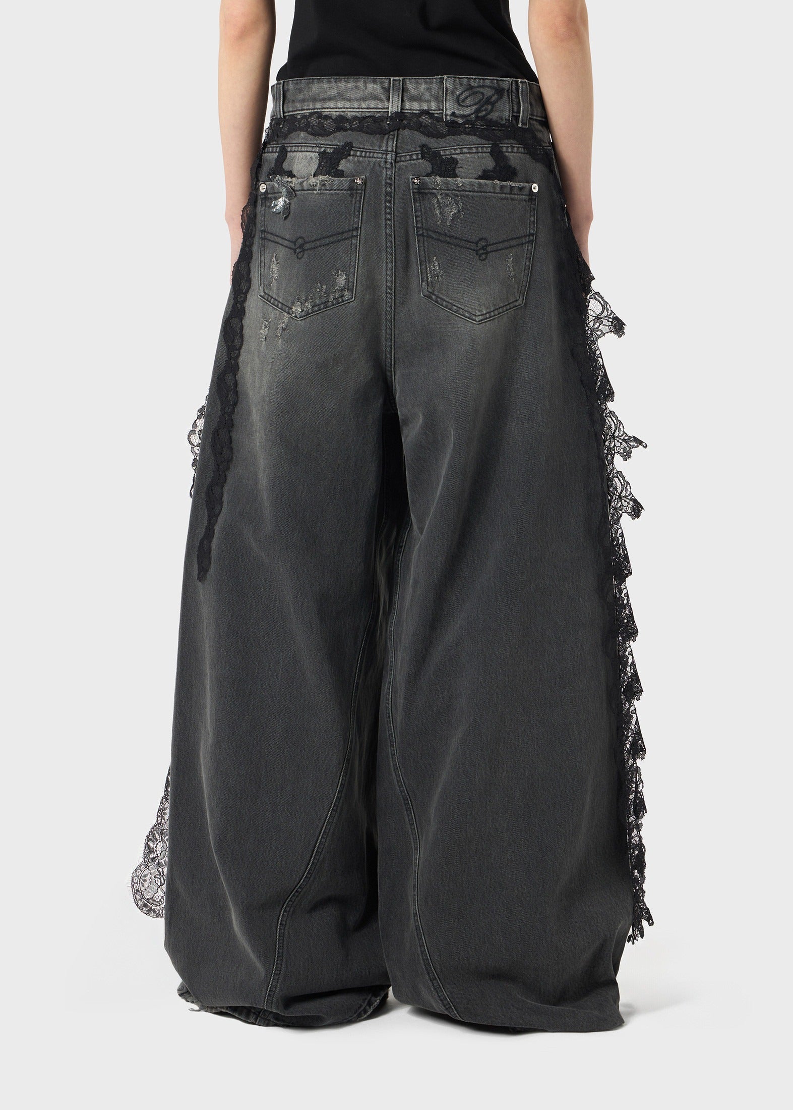 DESTROYED EXTRA BAGGY JEANS WITH LACE TRIM GREY GUNMETAL - Image 4