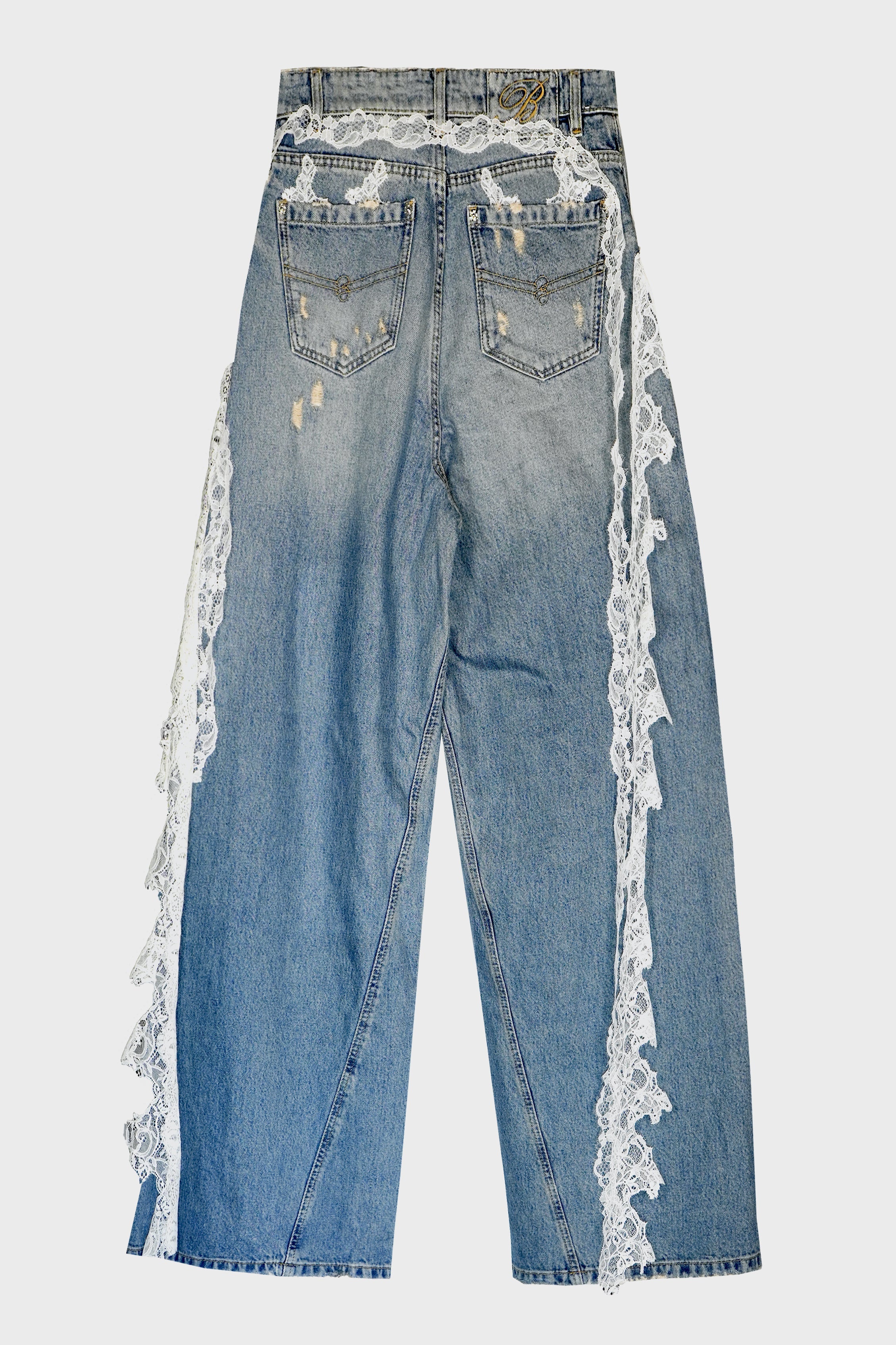 DESTROYED EXTRA BAGGY JEANS WITH LACE TRIM ICE BLUE - Image 3