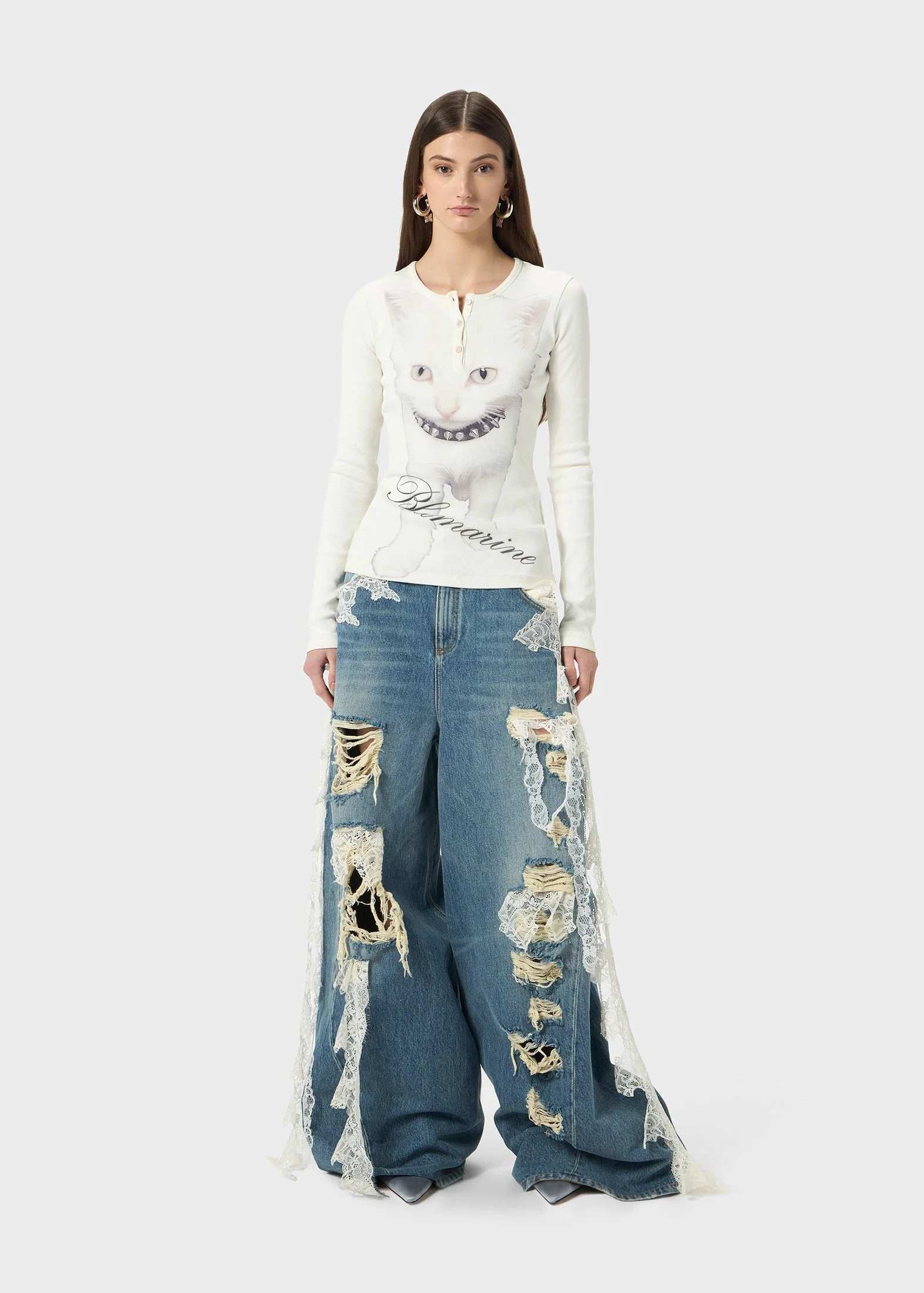 DESTROYED EXTRA BAGGY JEANS WITH LACE TRIM ICE BLUE - Image 5