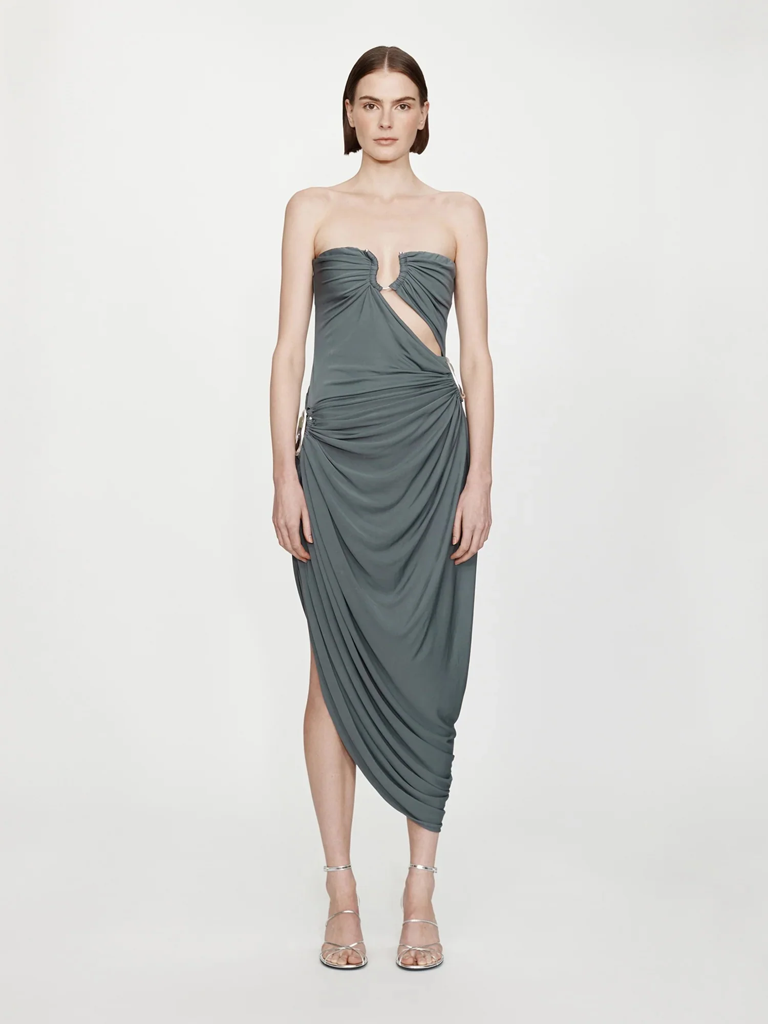 ORICA CRYSTAL RUCHED JERSEY STRAPLESS DRESS BLUE GRANITE - Image 2