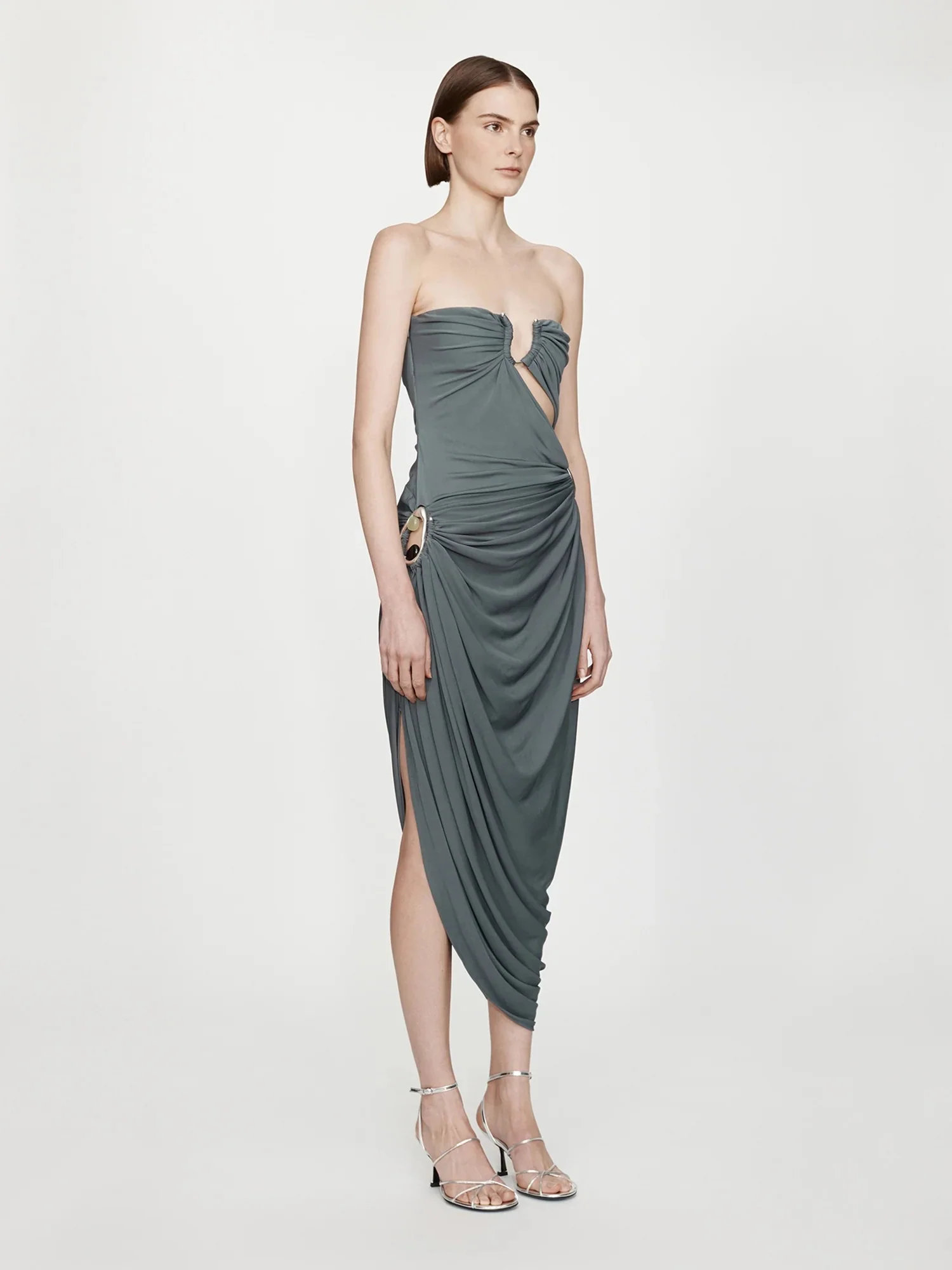 ORICA CRYSTAL RUCHED JERSEY STRAPLESS DRESS BLUE GRANITE - Image 4