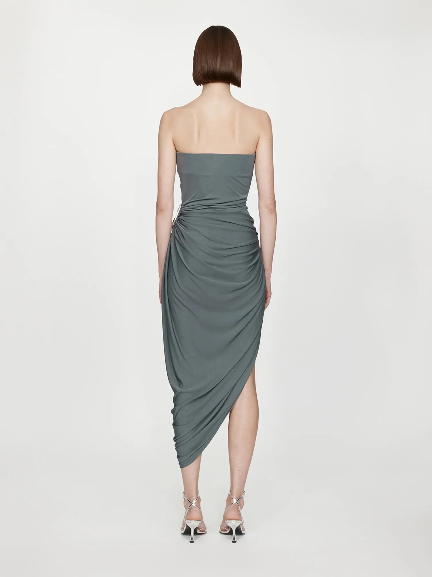 ORICA CRYSTAL RUCHED JERSEY STRAPLESS DRESS BLUE GRANITE - Image 5