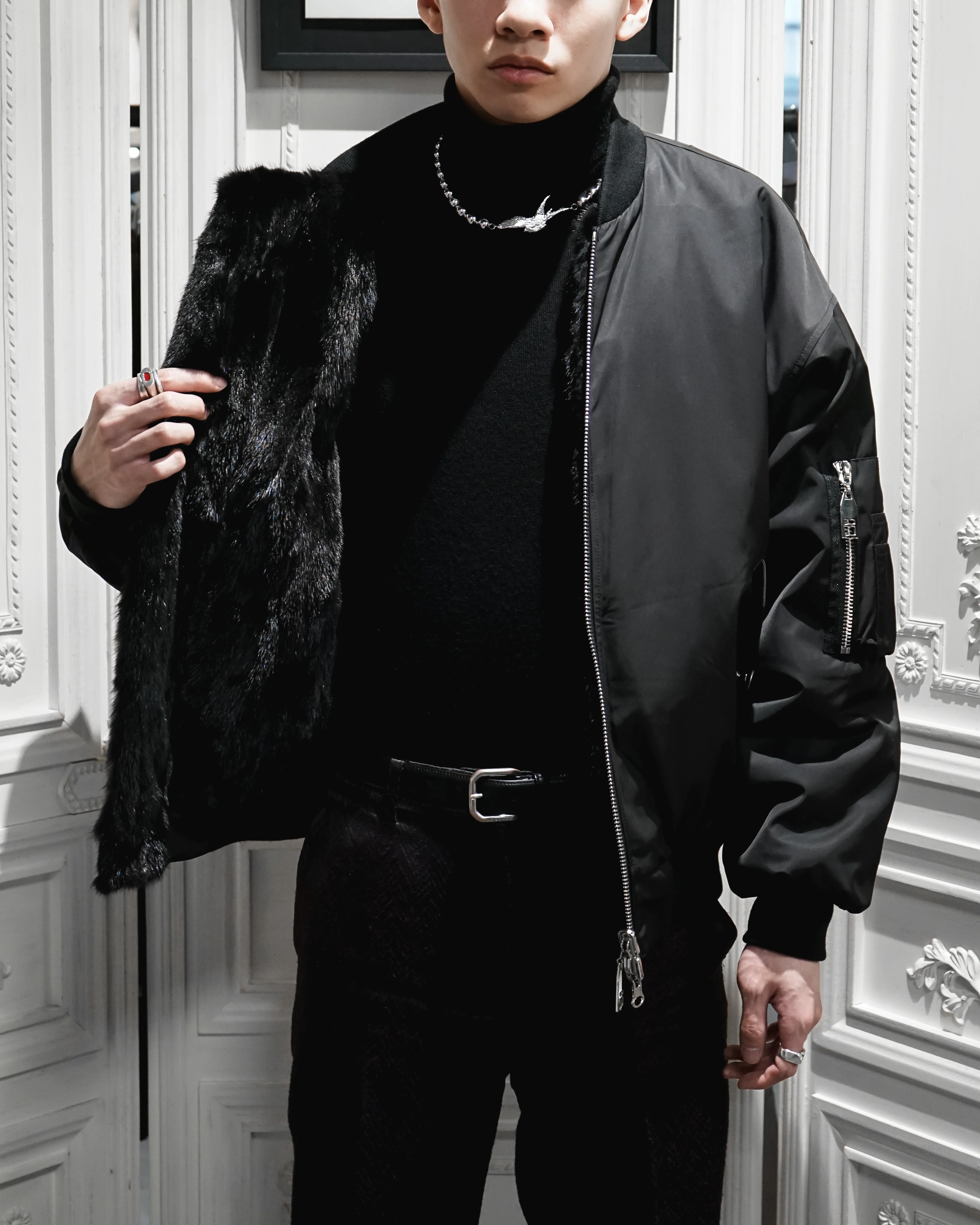 BLACK UNISEX REVERSIBLE MINK FUR BOMBER W/O LOGO - Image 8