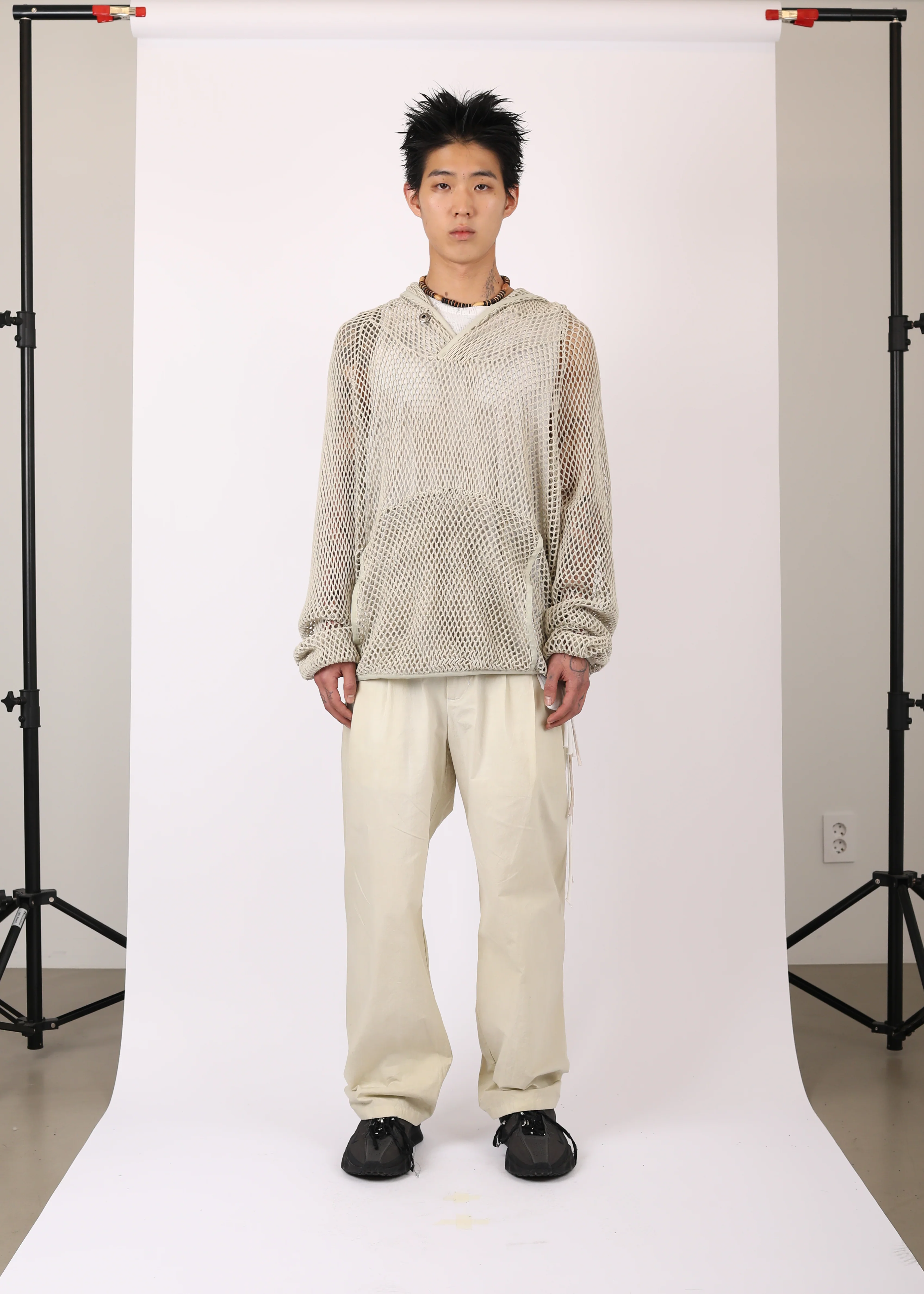 WASHED MESH HOODIE MOSS BEIGE - Image 2