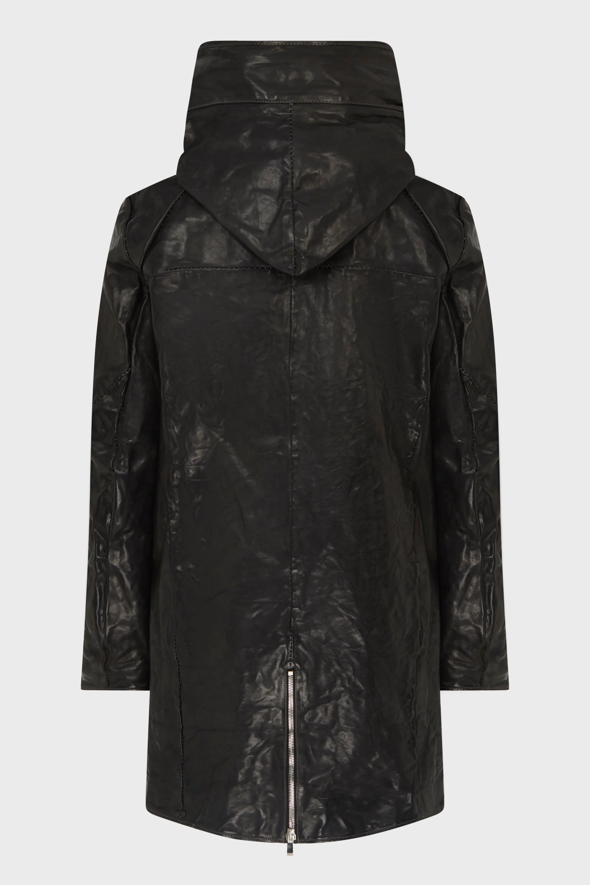 HIGH NECK HOODED LEATHER COAT - Image 2