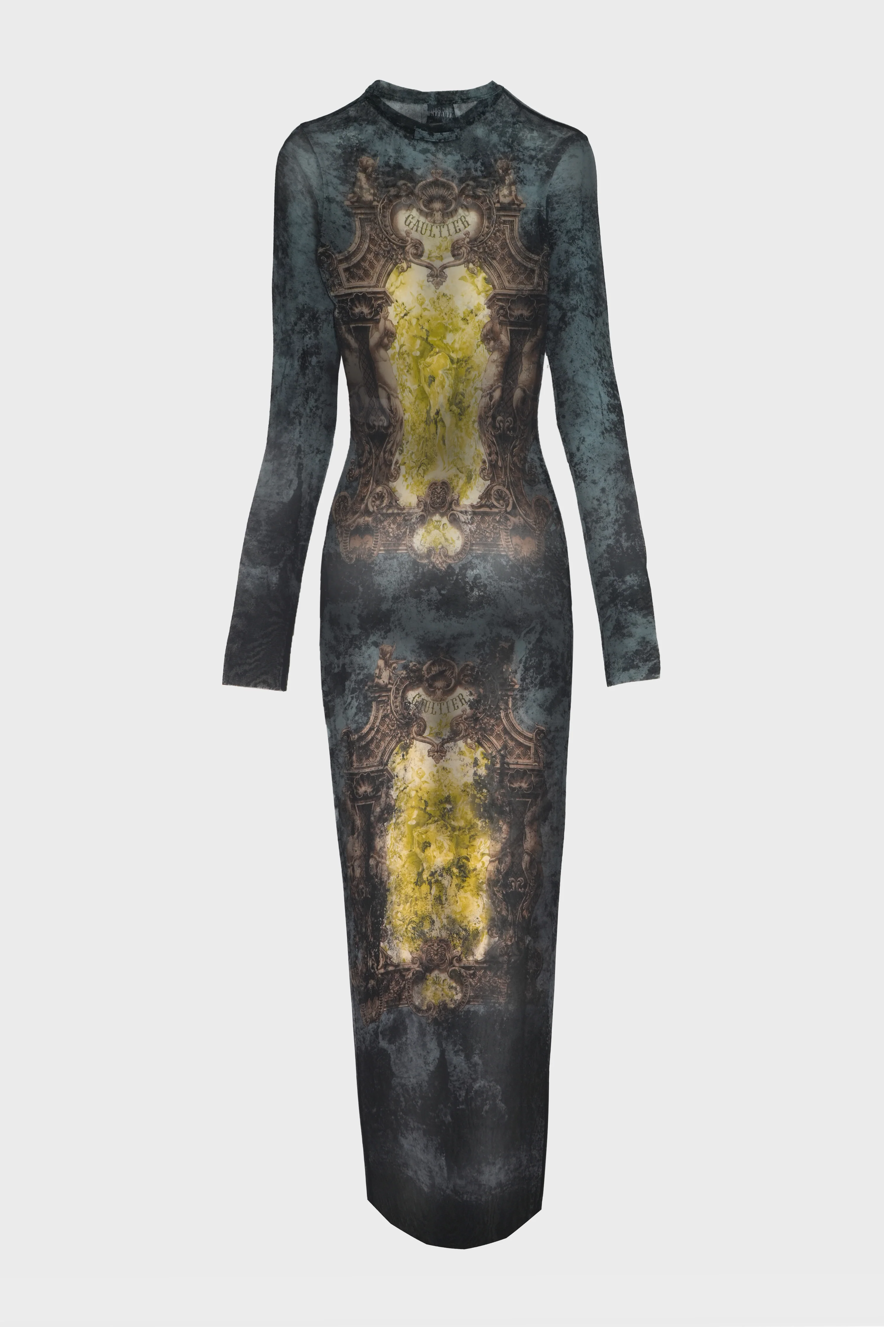 MESH LONG DRESS "MÉDAILLON" BLACK/VINTAGEBLUE/GREEN - Image 2