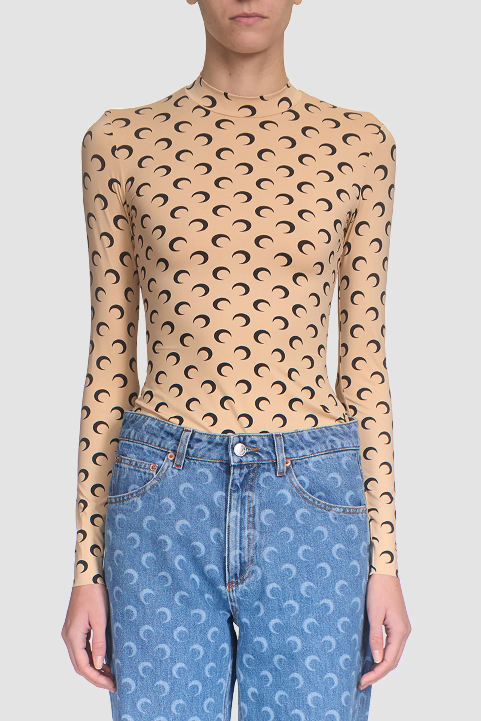 MOON PRINTED JERSEY LS HIGHNECK TOP TAN - Image 2