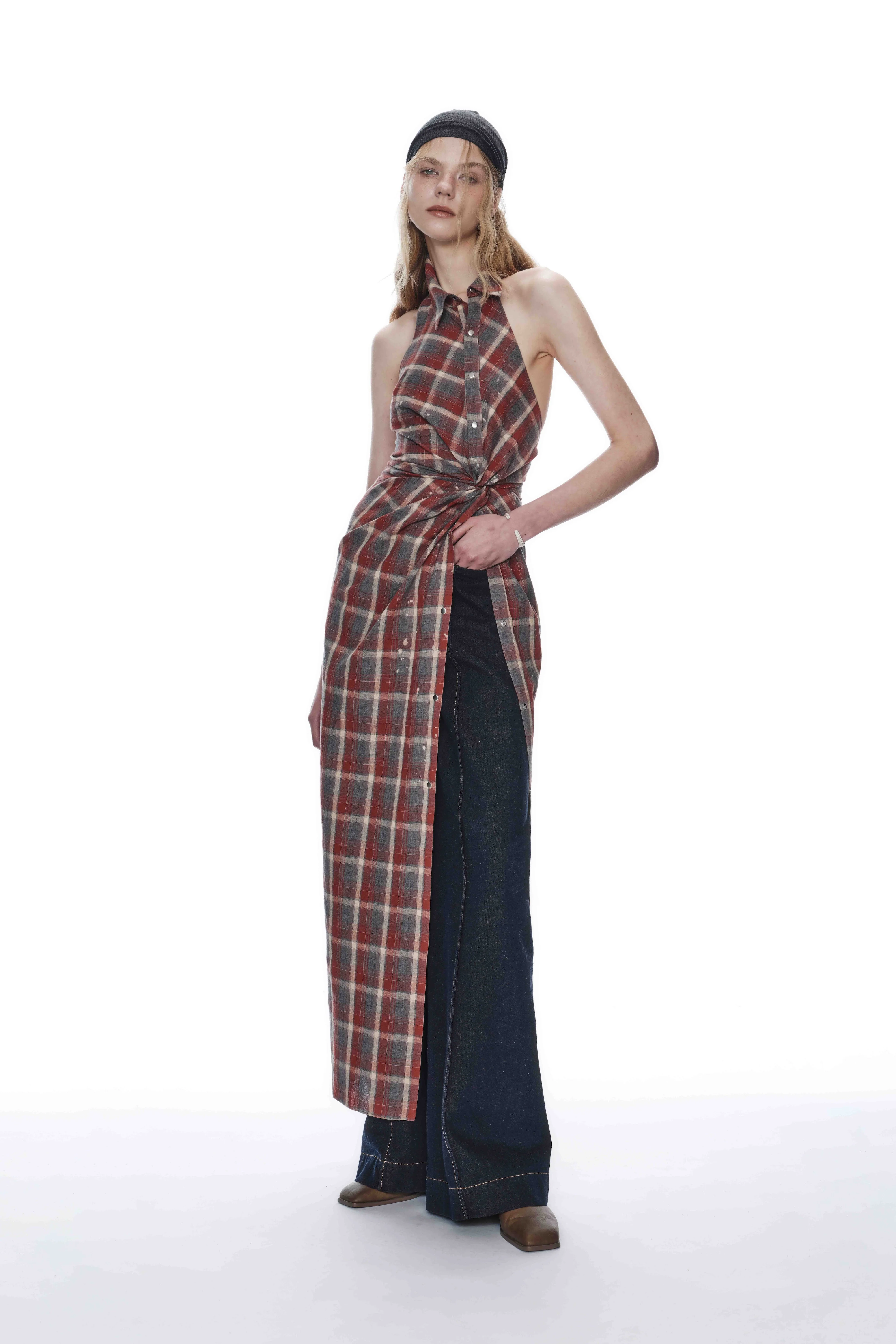 ASYMMETRIC TWISTED CHECKED DRESS - Image 2