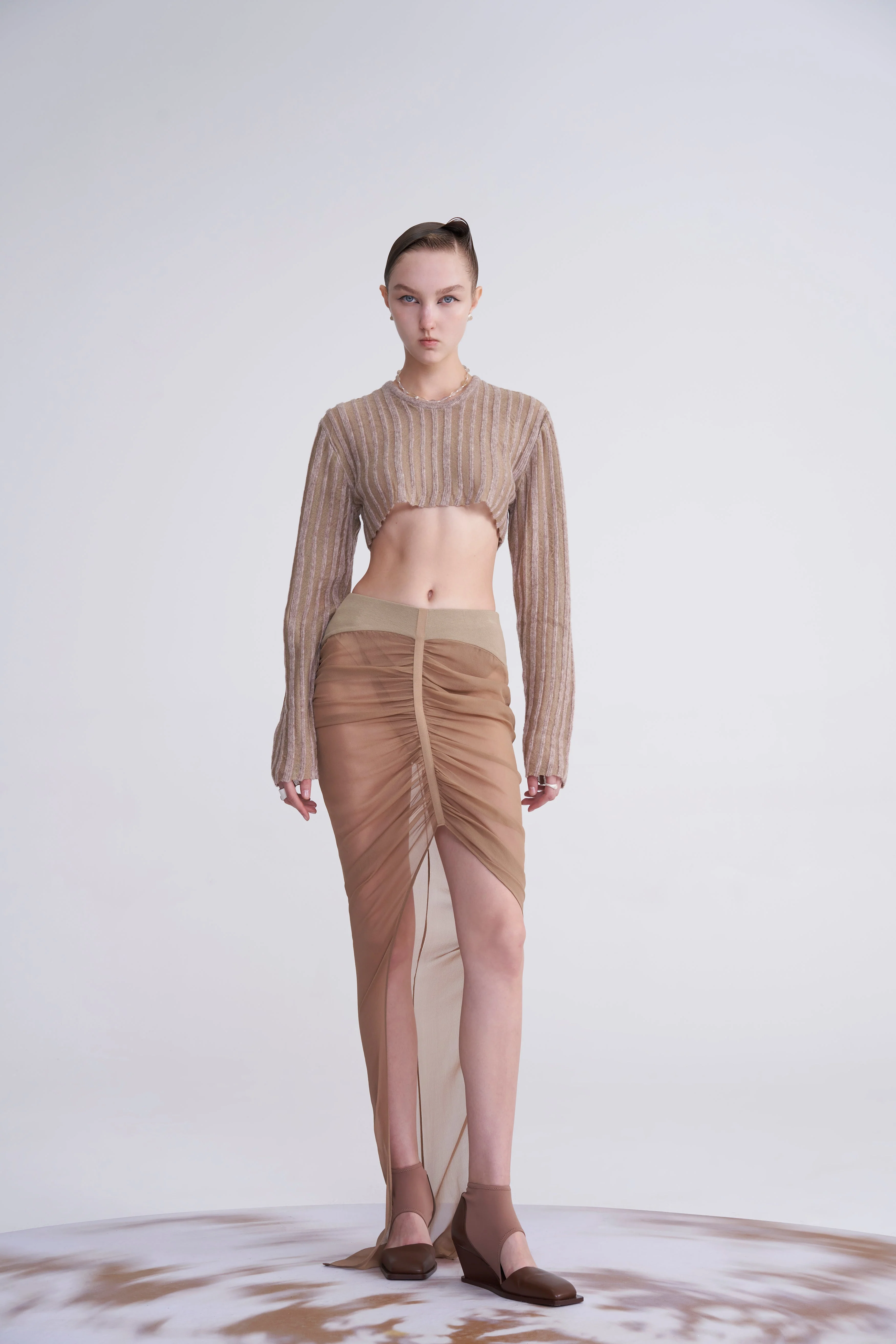 KHAKI CHIFFON PANELED GATHERED SKIRT - Image 2