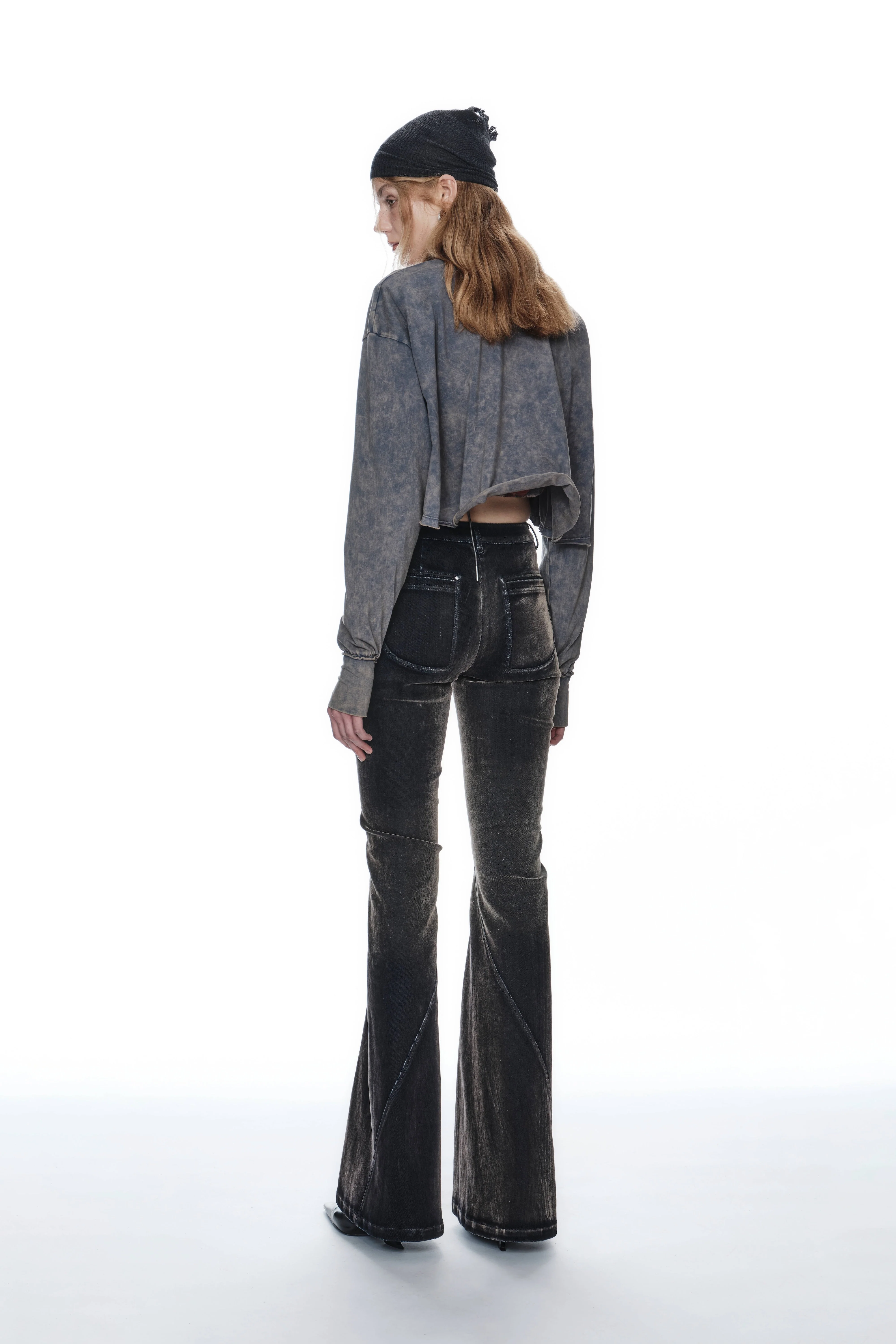 WASHED FLOCKED FLARED JEANS DARK BLUE - Image 4