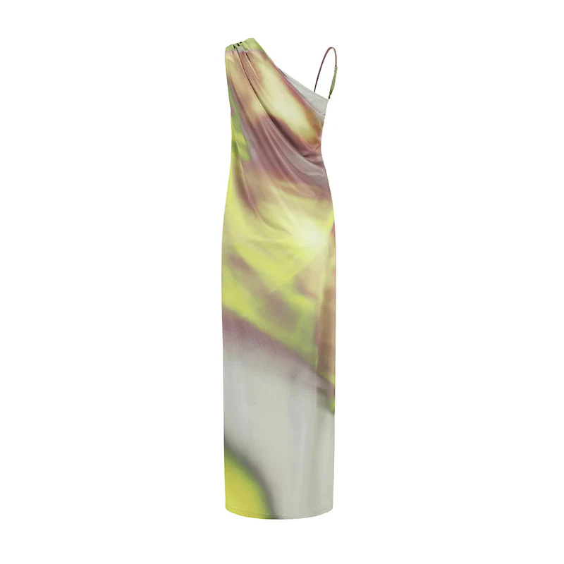 YELLOW/GREY PRINTED DRAPED ONE-SHOULDER DRESS - Image 2