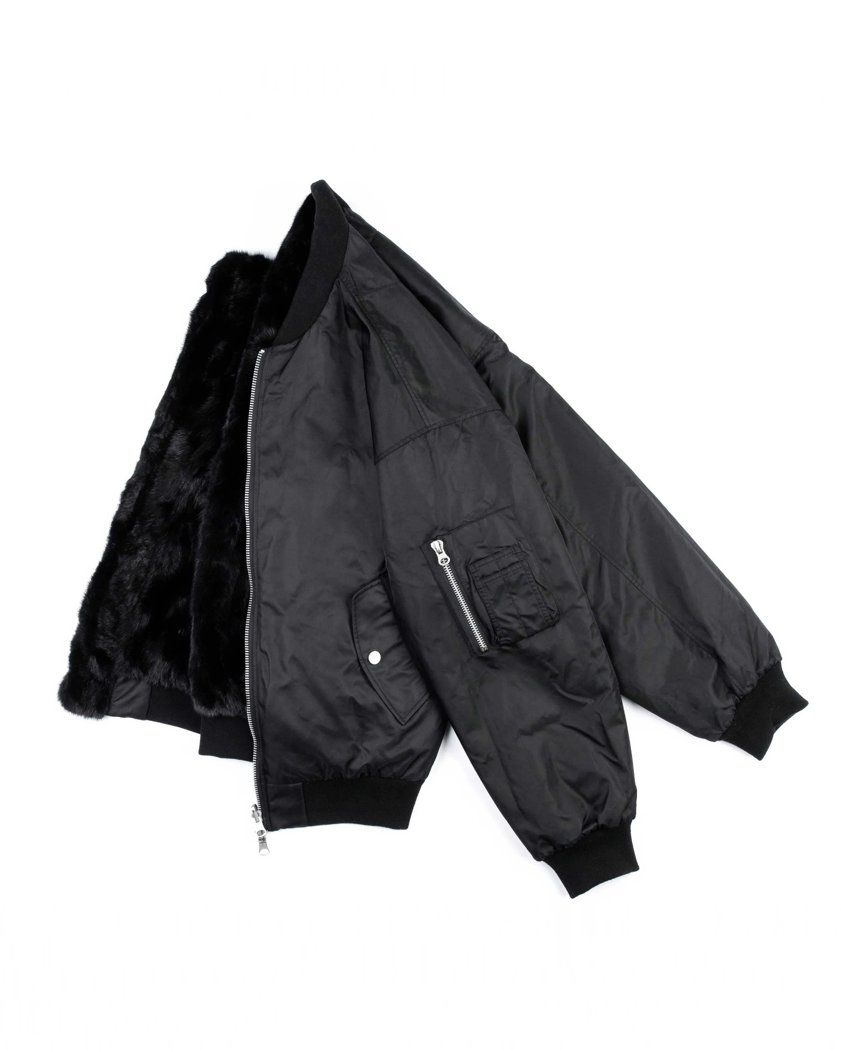 BLACK UNISEX REVERSIBLE MINK FUR BOMBER W/ LOGO - Image 3