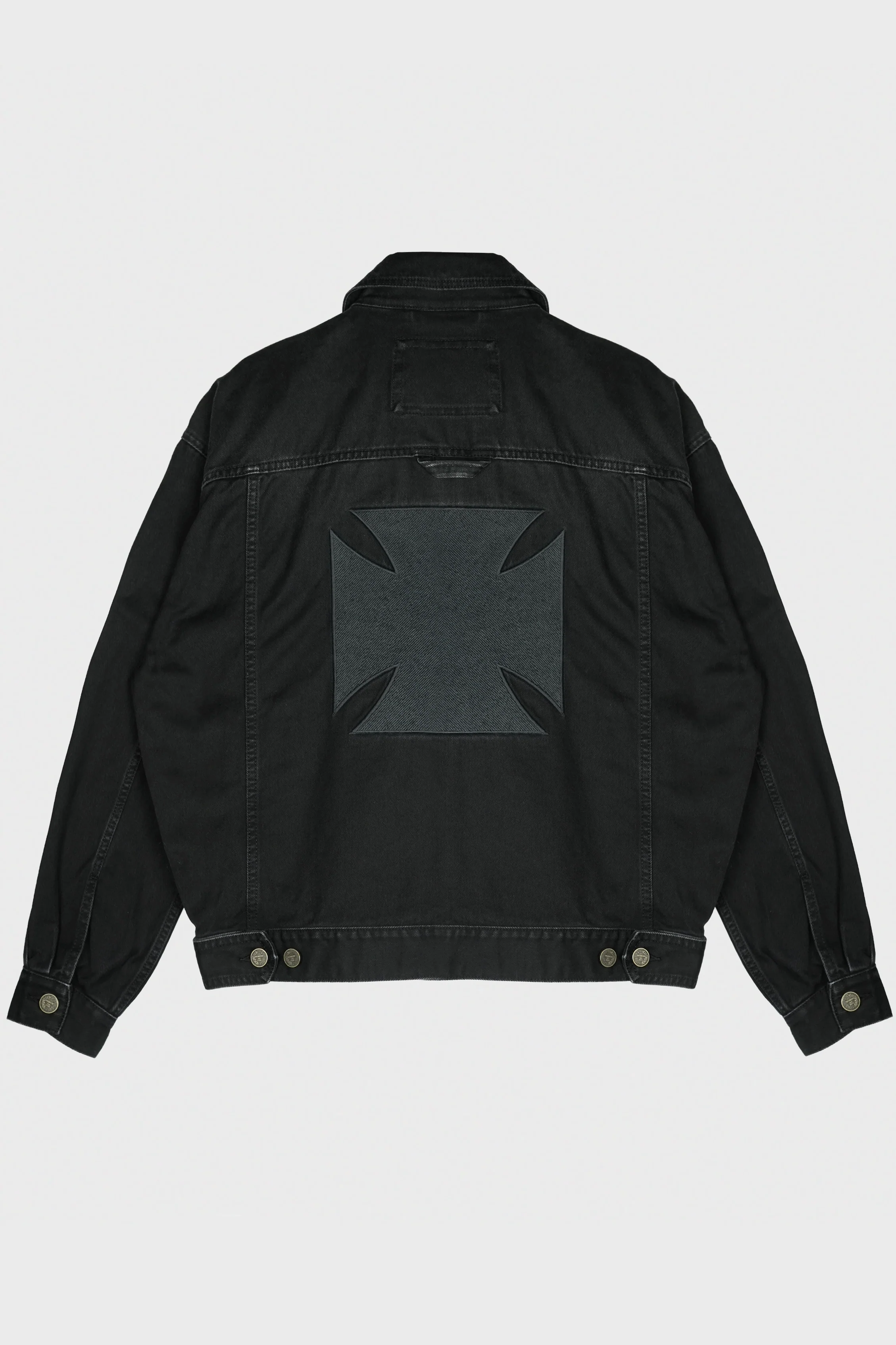 APLIQUE BIKER CROSSES ZIP DENIM JACKET BLACK - Image 2
